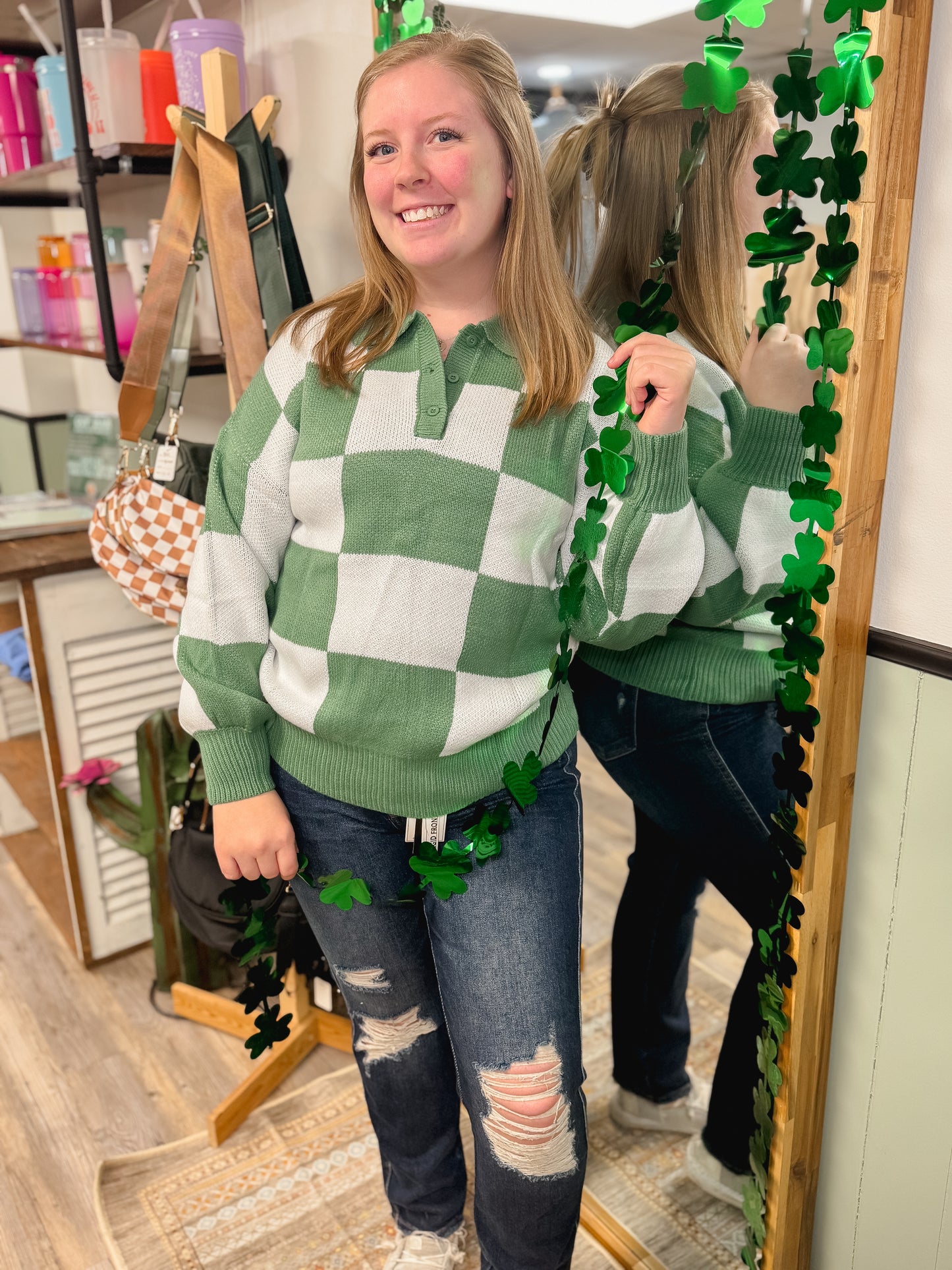 Checkered V Neck Long Sleeve Sweater | S-XL