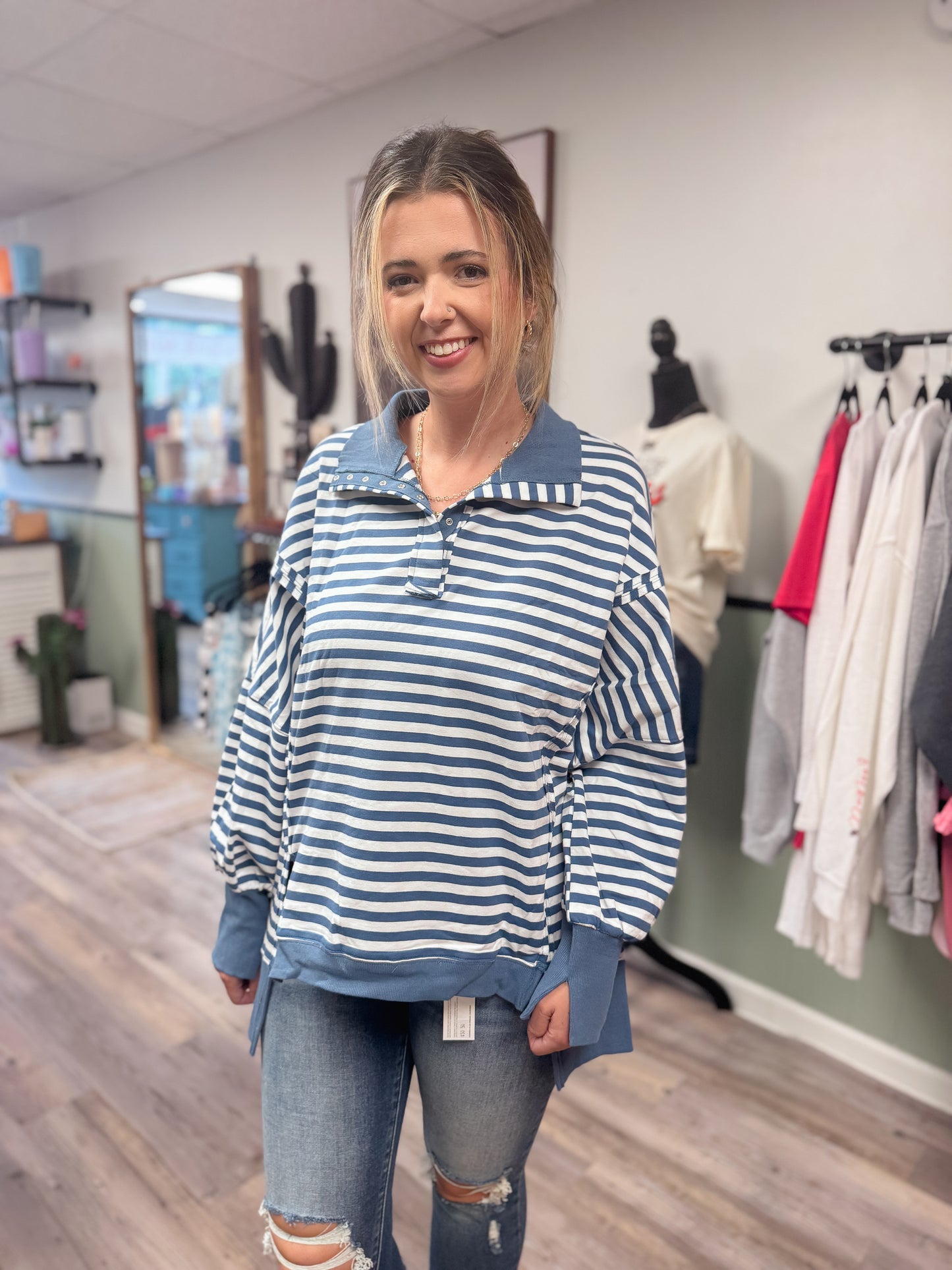 Oversized Stripe Collar Half Button Long Sleeve Sweatshirt