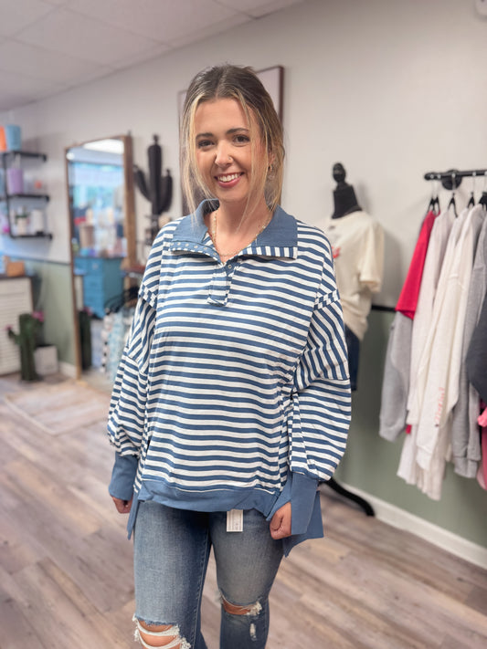 Oversized Stripe Collar Half Button Long Sleeve Sweatshirt