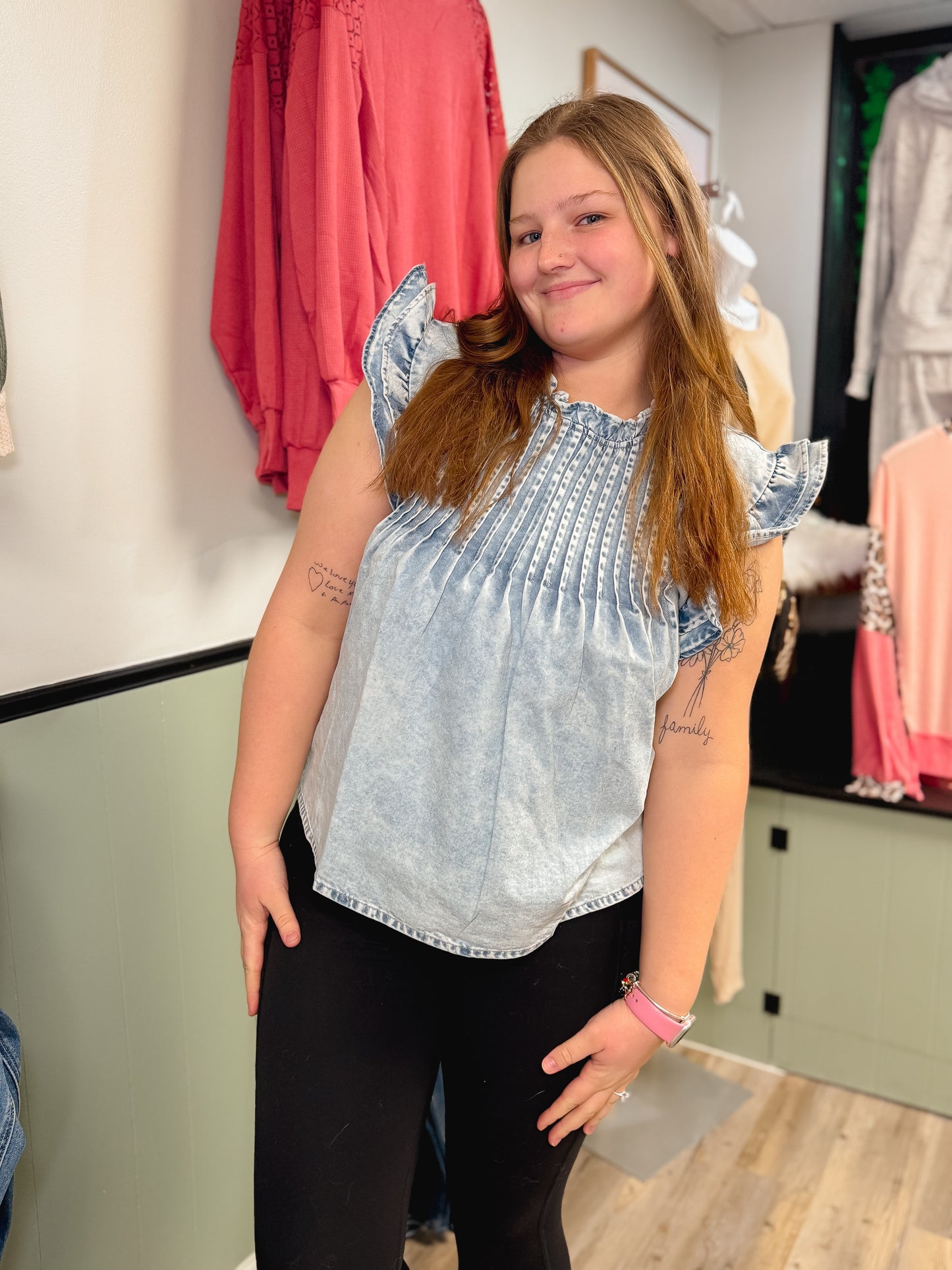 Vintage Washed Ruffle Pleated Detail Denim Top | S-XL