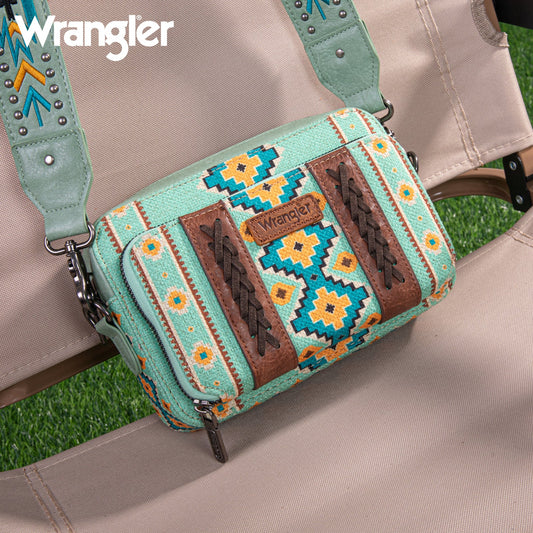 Wrangler Aztec Printed Crossbody Purse With Wallet Compartment - Green