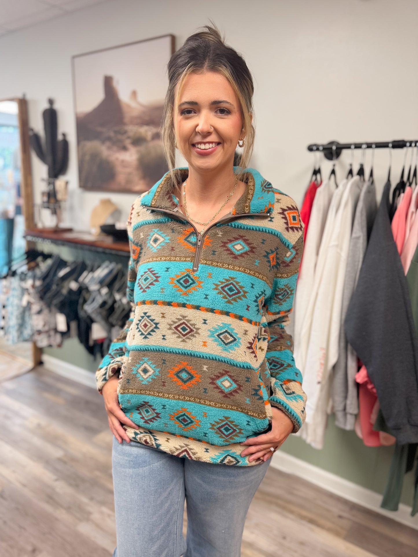 WESTERN TRIBAL SHERPA PULLOVER TOP BLOUSE