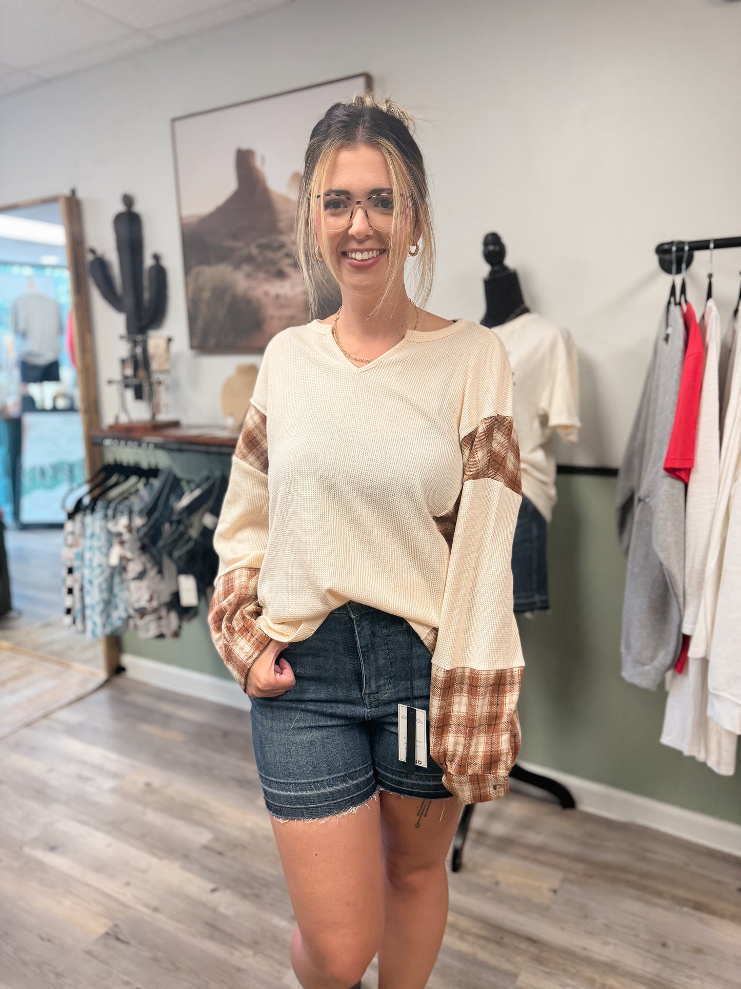 Fall V Neck Plaid Colorblock Waffle Textured Long Sleeve Top
