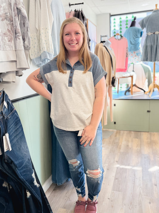 Color Block Denim Patchwork Button Top