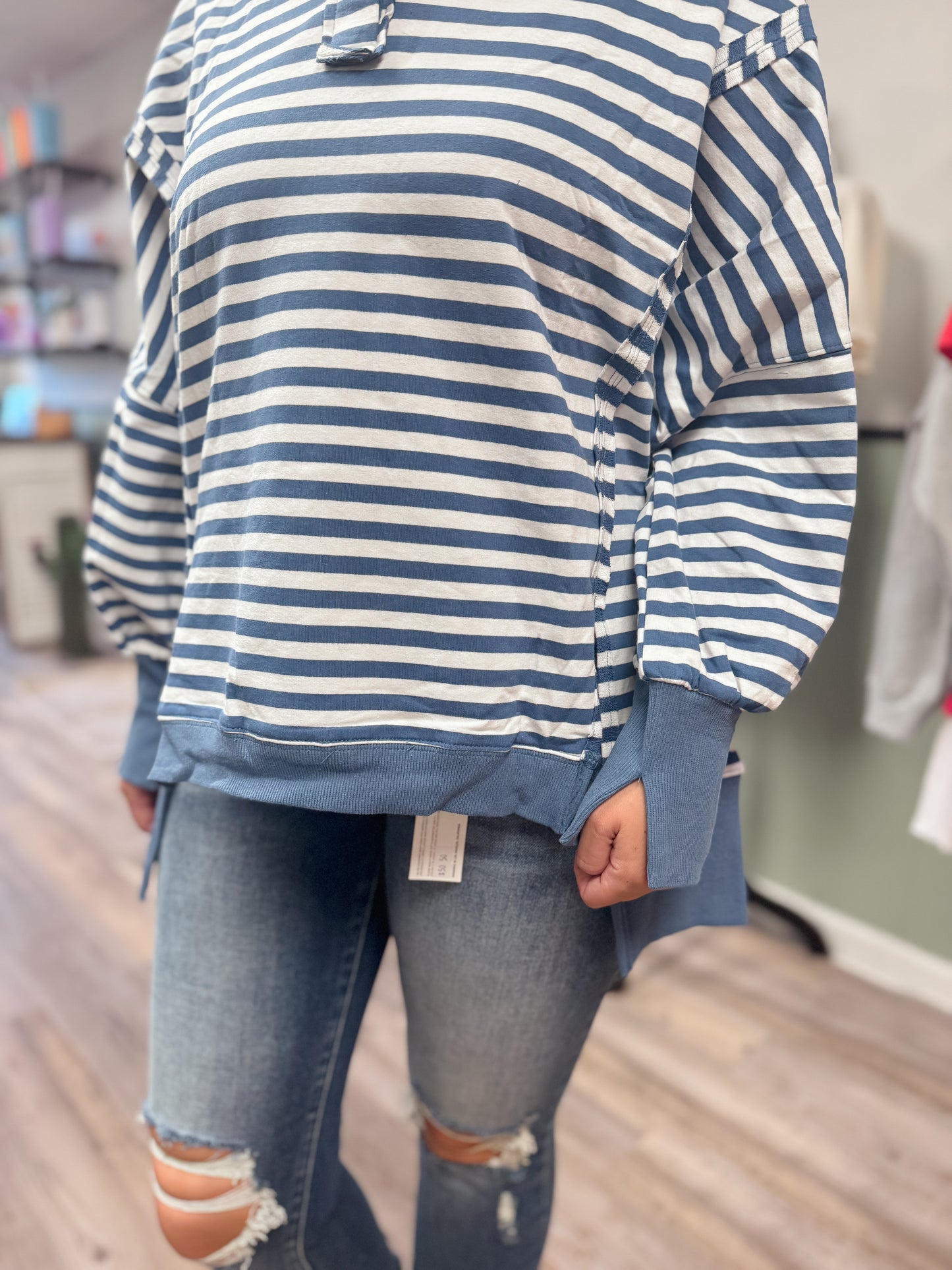 Oversized Stripe Collar Half Button Long Sleeve Sweatshirt