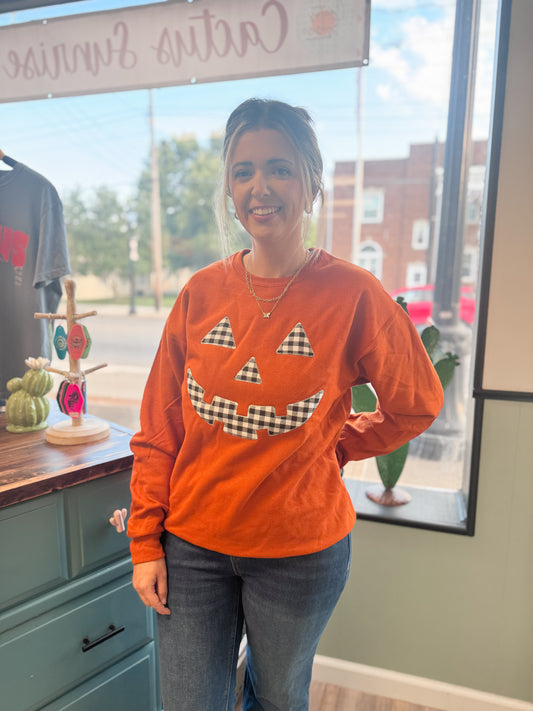 Embroidery Burnt Orange Gingham Pumpkin Sweatshirt