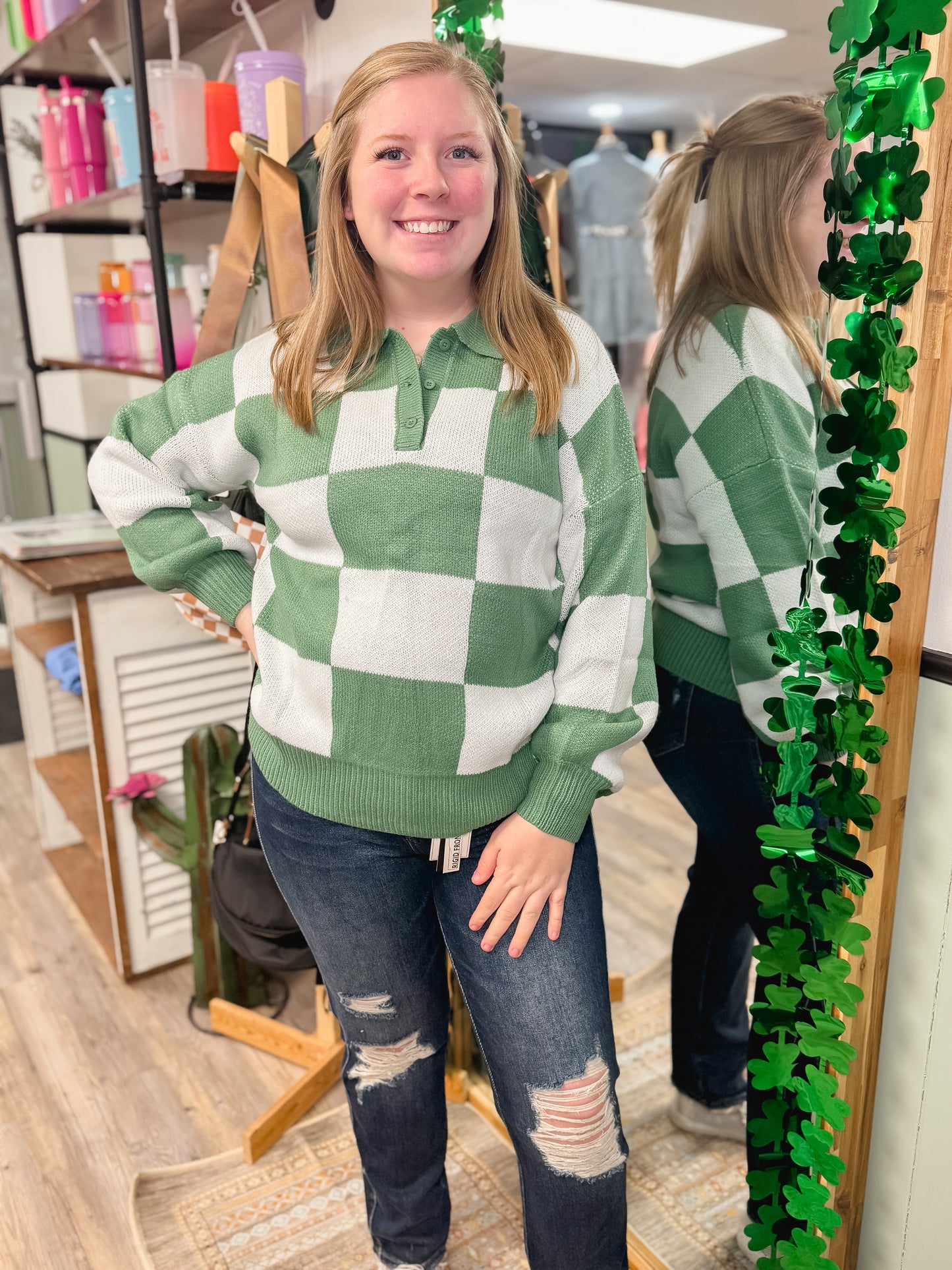 Checkered V Neck Long Sleeve Sweater | S-XL