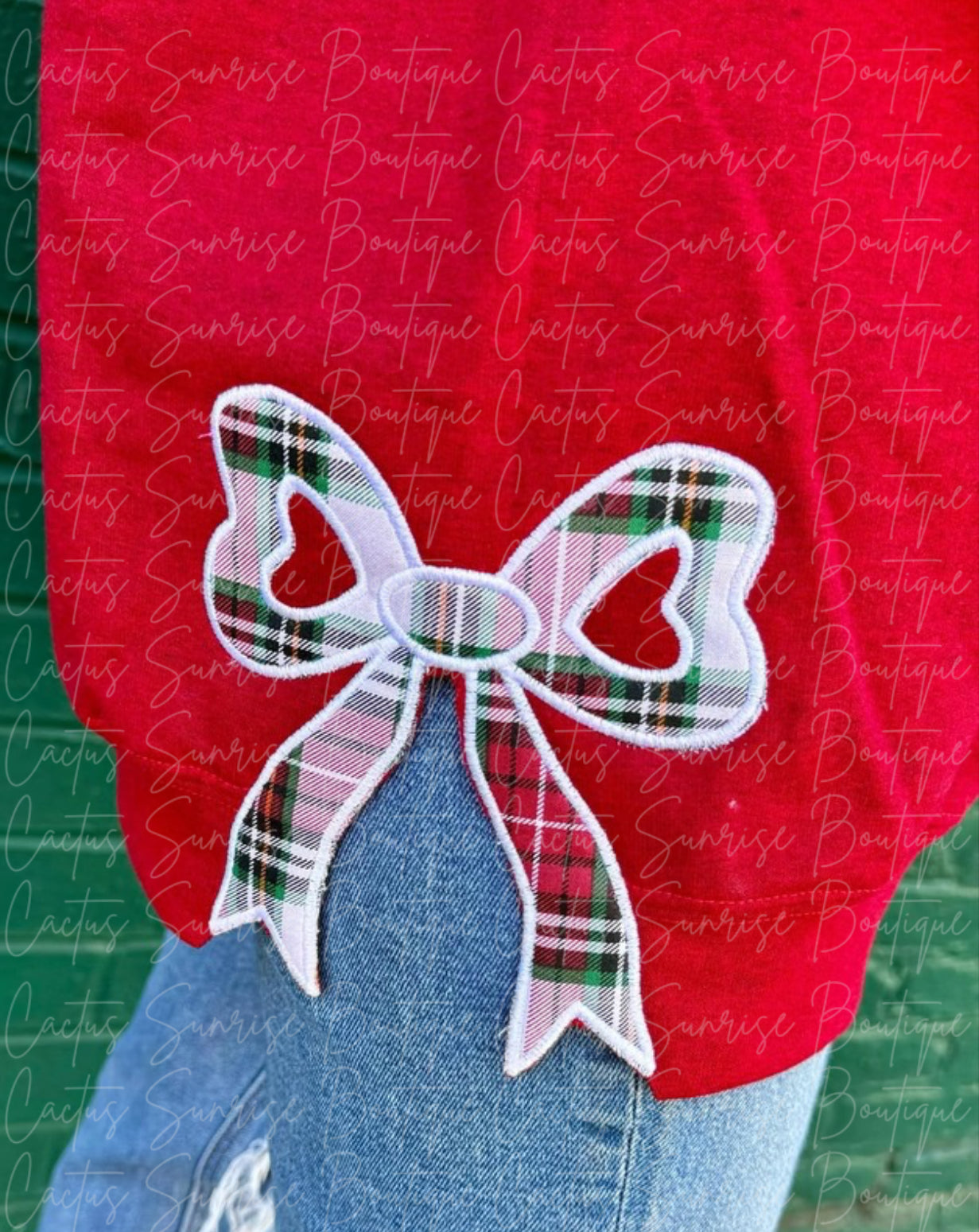 PREORDER Red Plaid Side Bow Embroidered Appliqué Crewneck **Read Description**