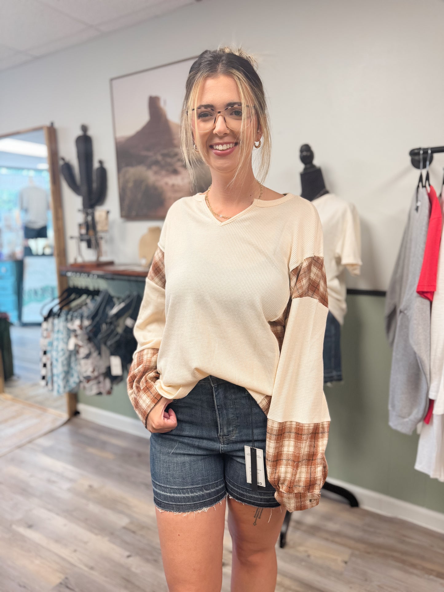 Fall V Neck Plaid Colorblock Waffle Textured Long Sleeve Top