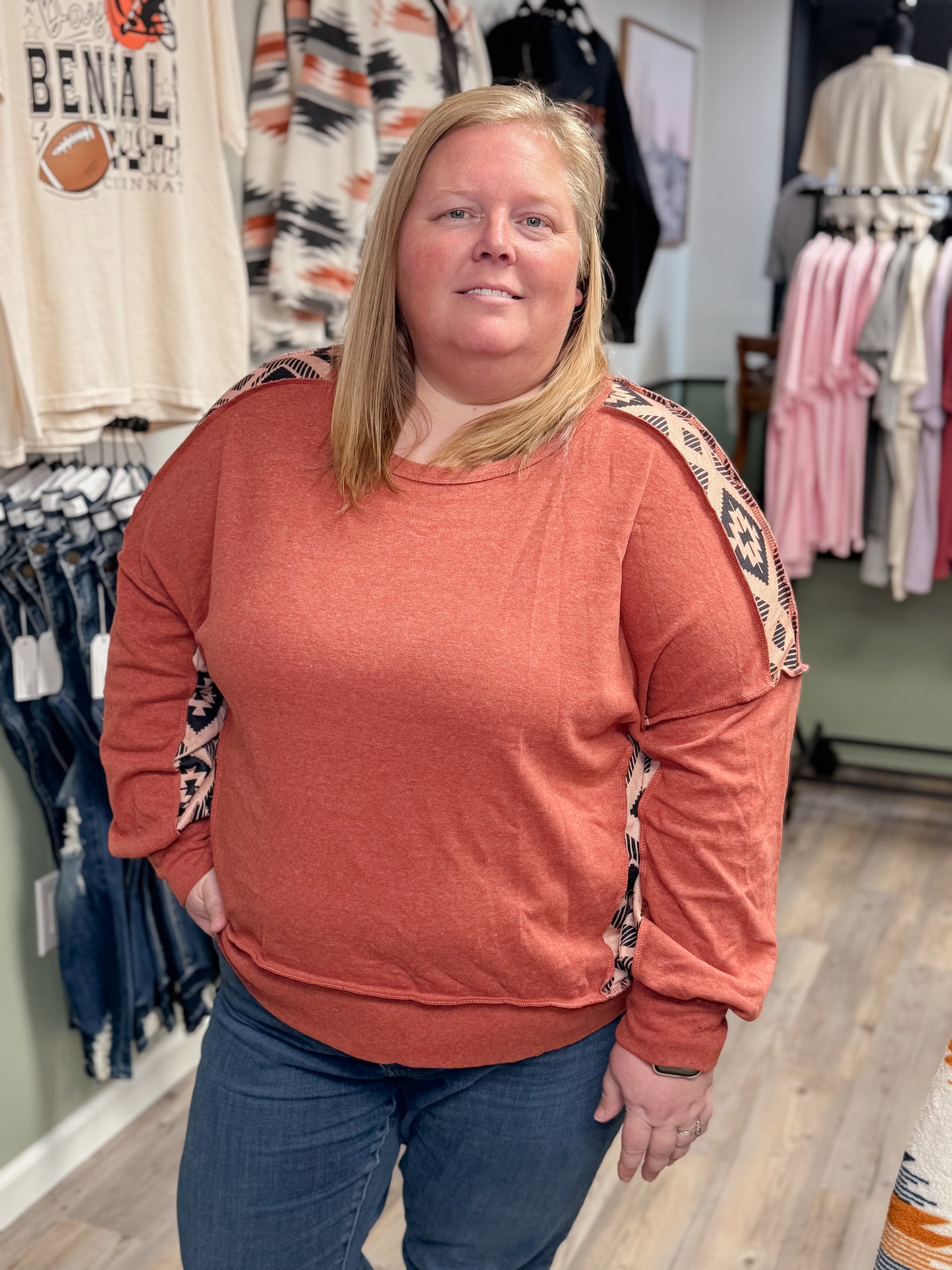 Curvy Aztec Patchwork Drop Shoulder Sweatshirt