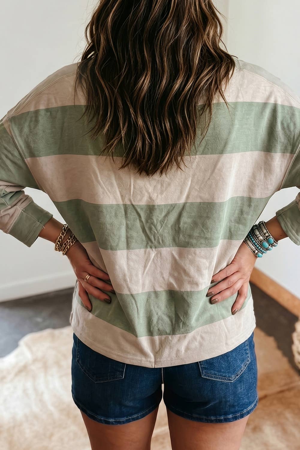 Striped Colorblock Zipper Pullover Long Sleeve Loose Top