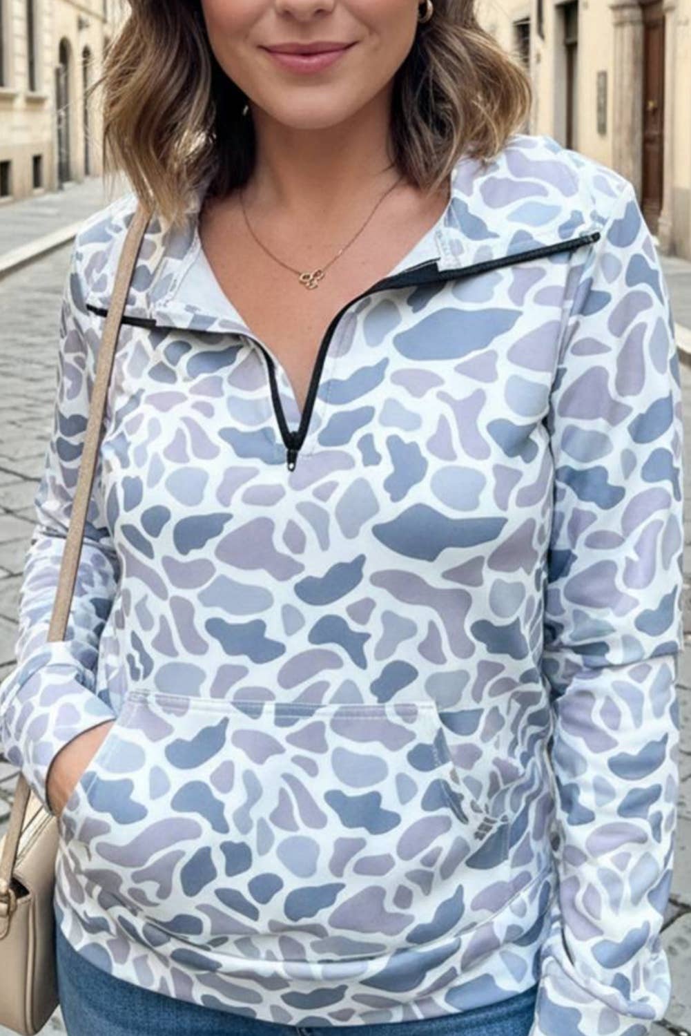 Camouflage Print Kangaroo Zip Collar Pullover Sweatshirt