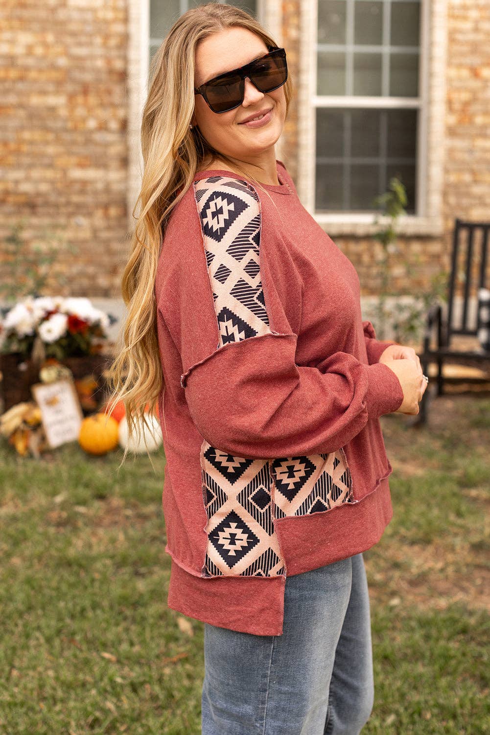 Curvy Aztec Patchwork Drop Shoulder Sweatshirt