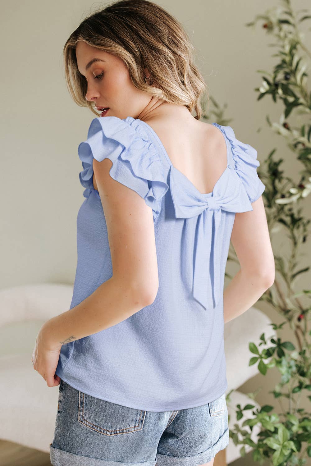 Textured Bow Knot Frilled Butterfly Sleeve Blouse