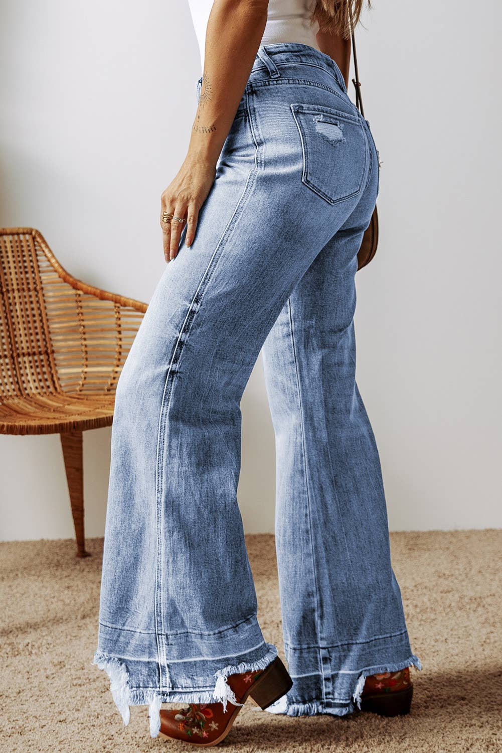 Acid Wash Raw Hem High Waist Flared Jeans