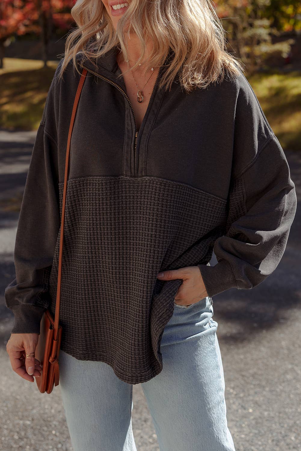 Waffle Textured Patchwork Zip Colloar Sweatshirt | S-XL
