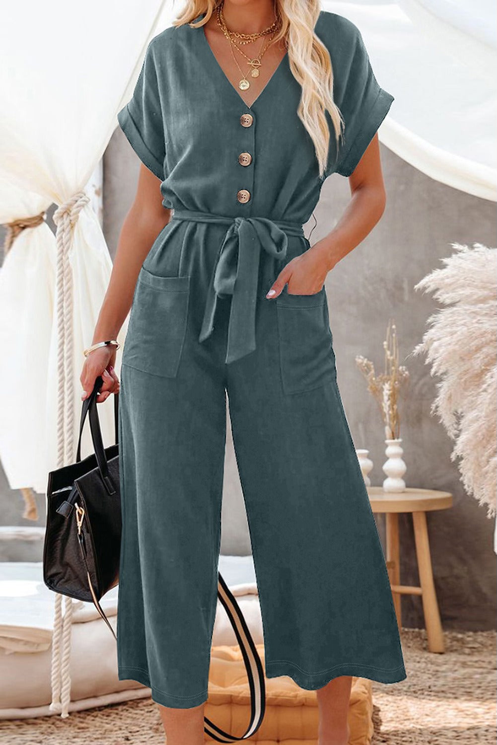 Blue/Green Belted Wide Leg Jumper 1005
